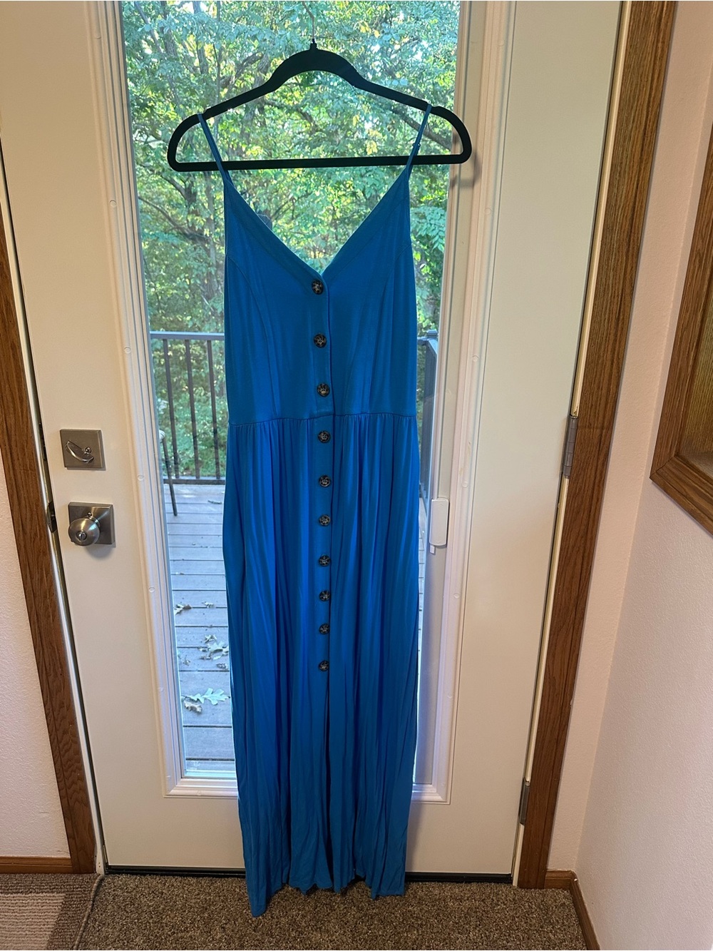 VENUS Sapphire Blue Button-Front V-Neck Maxi Dress w/pockets